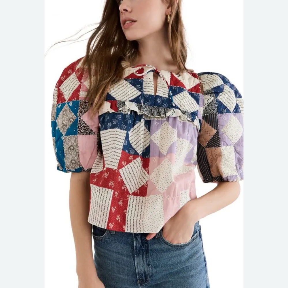 Sea New York Patchwork Puff-Sleeve Blouse in Red, Blue, Pink, Purple, Cream